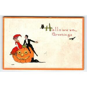 Halloween Postcard Bergman Man Women Sit On Huge Pumpkin JOL Black Cat 1912